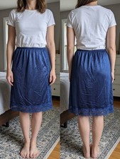 Vintage 70s Dawn to Dusk Navy Blue Half Slip Medium M Lace Trim Antron Lingerie