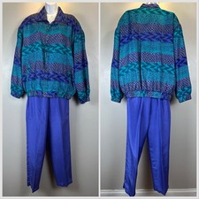 VTG 80s F U D A Silk Track Suit Womens L Teal Purple Print Jacket Solid Pants