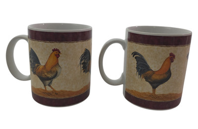 Casa Moda Feathers Rooster Graphic 12 Oz Coffee Mugs Cups   Set of 2