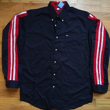 Vtg Tommy Hilfiger Shirt 80s 90s Button Up Navy Red Stripes Cotton Sz L / XL