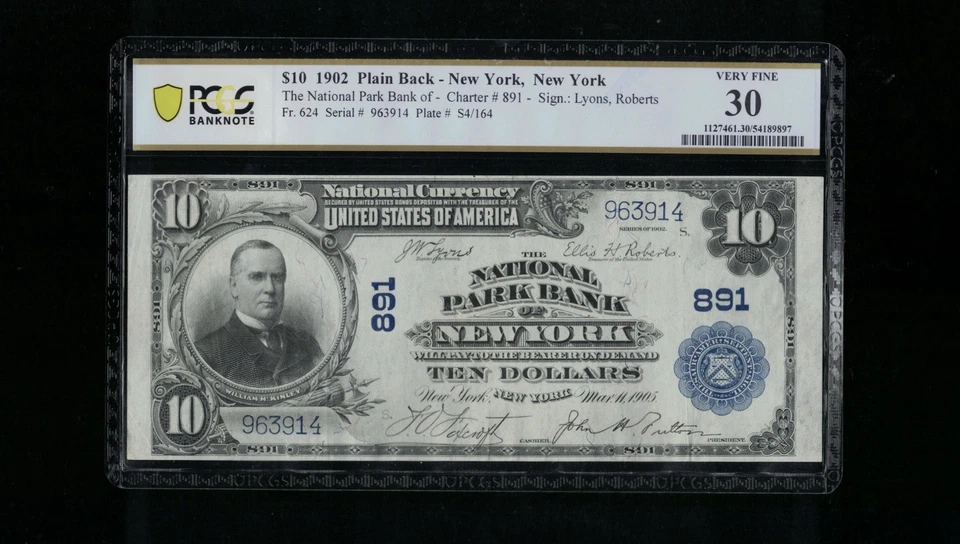 SC 1902 $10 Fr.624 National Park Bank New York Ch. # (E) 891 PCGS 30 VF (914) - Image 2 of 4
