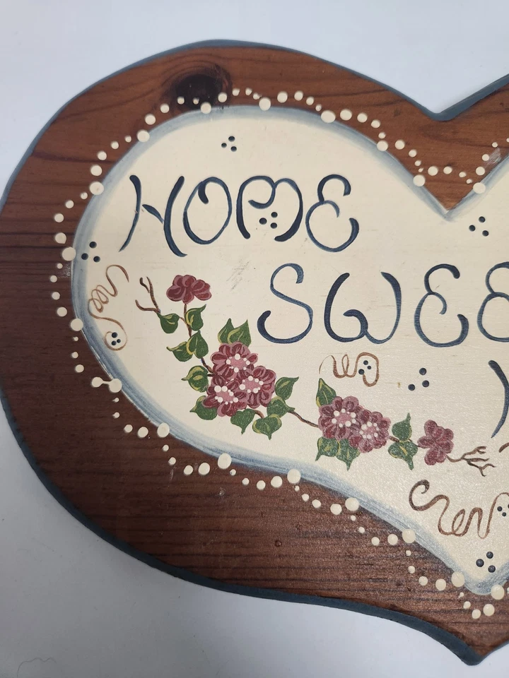 Vtg Hand Painted Wooden Heart Home Sweet Home Wall Plaque Blue Bird Flowers - Image 4 of 4
