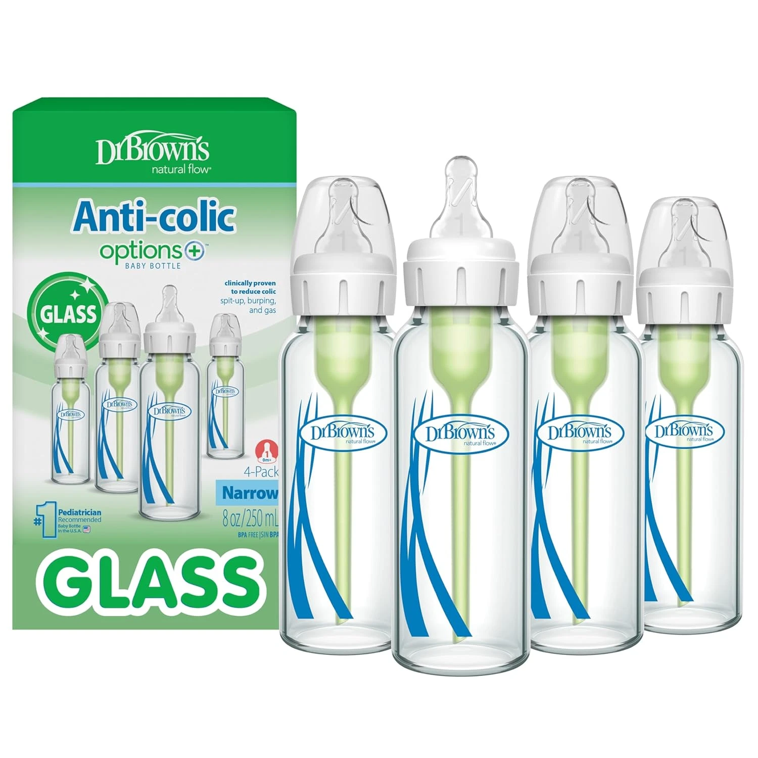 Dr. Brown'S Anti-Colic Options+ Narrow Glass Baby Bottle with Level 1 Slow Flow