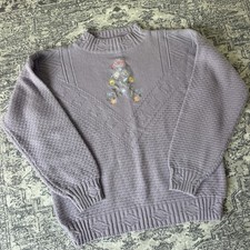 Vintage Liz Thomas Floral Embroidered Knit Mock Sweater Size Medium Cottagecore