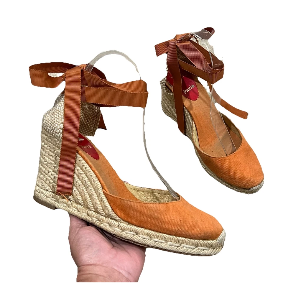 CHRISTIAN LOUBOUTIN BRIGITTE Naranja Lona Alpargata Tacones Cuña Talla 8.5 Foto 3 de 4