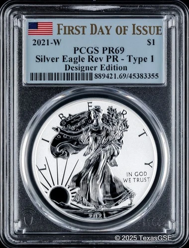 2021-W $1 American Silver Eagle Reverse Proof Type 1 PCGS PR69 FD - Blue Flag