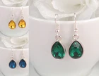 SMALL TEAR DROP SILVER TONE YELLOW, TURQUOISE OR GREEN FACETED CRYSTAL EARRINGS