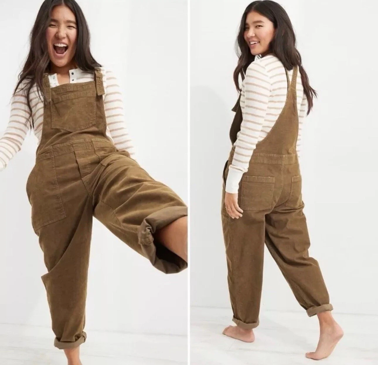 Aerie Werk & Play Corduroy Overalls Plus Size XS Brown Wide Leg Frayed Hem Farm