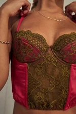 Urban Outfitters Ava Lace & Satin Cropped Corset Top Pink & Brown size XS