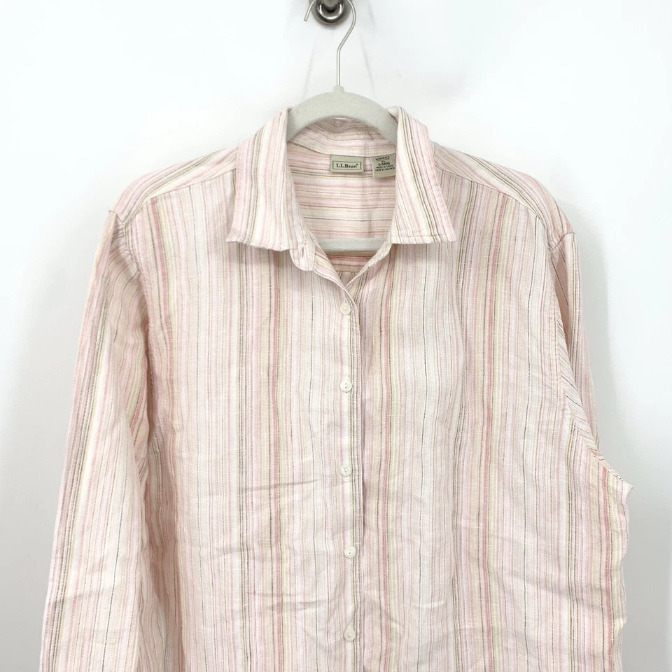 Camisa feminina LL Bean tamanho XL com botões 100% linho listrada rosa manga longa - Imagem 2 de 4
