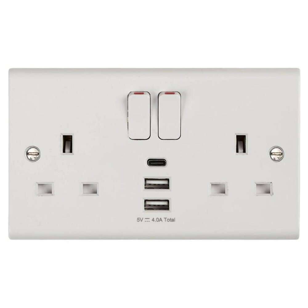 Deta S1288 Slimline Twin 13 Amp Switch Socket c/w 3 x USB Charging Ports