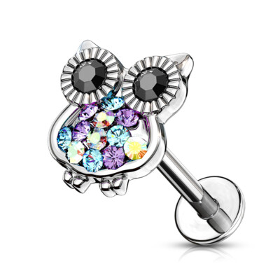 Helix Tragus Lippe Piercing Eule Owl Zirkonia Kristalle Bunt 1,2 x 6 mm Labret