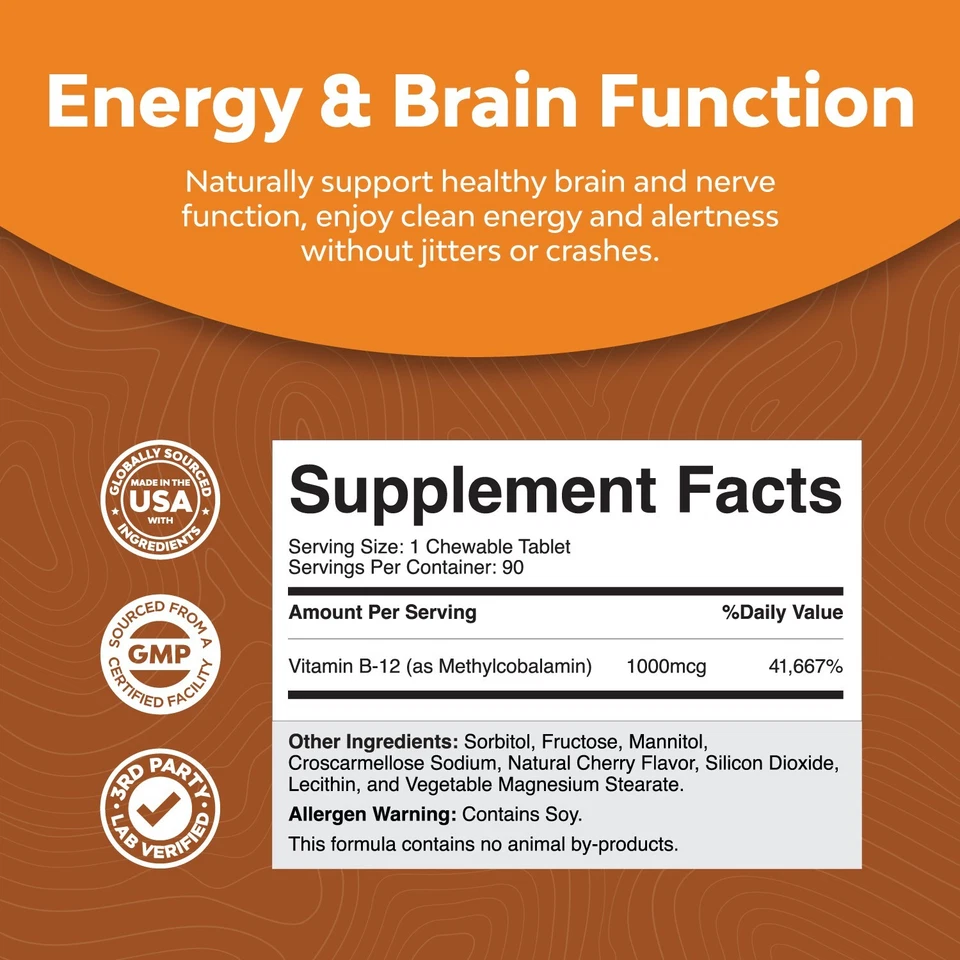 Vitamina mastigável B12 1000 mcg - Vitamina vegana B12 metilada para suporte cerebral - Imagem 3 de 4