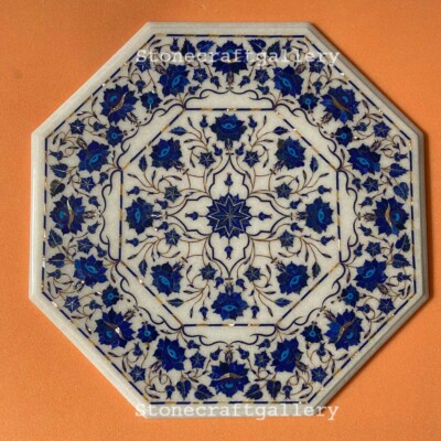 ArtEra 's Marble Coaster Set con pietre semi-preziose intarsiato lavoro (AE-07) | Blu (6 sottopentola con supporto e coperchio, diametro - 12,7 cm