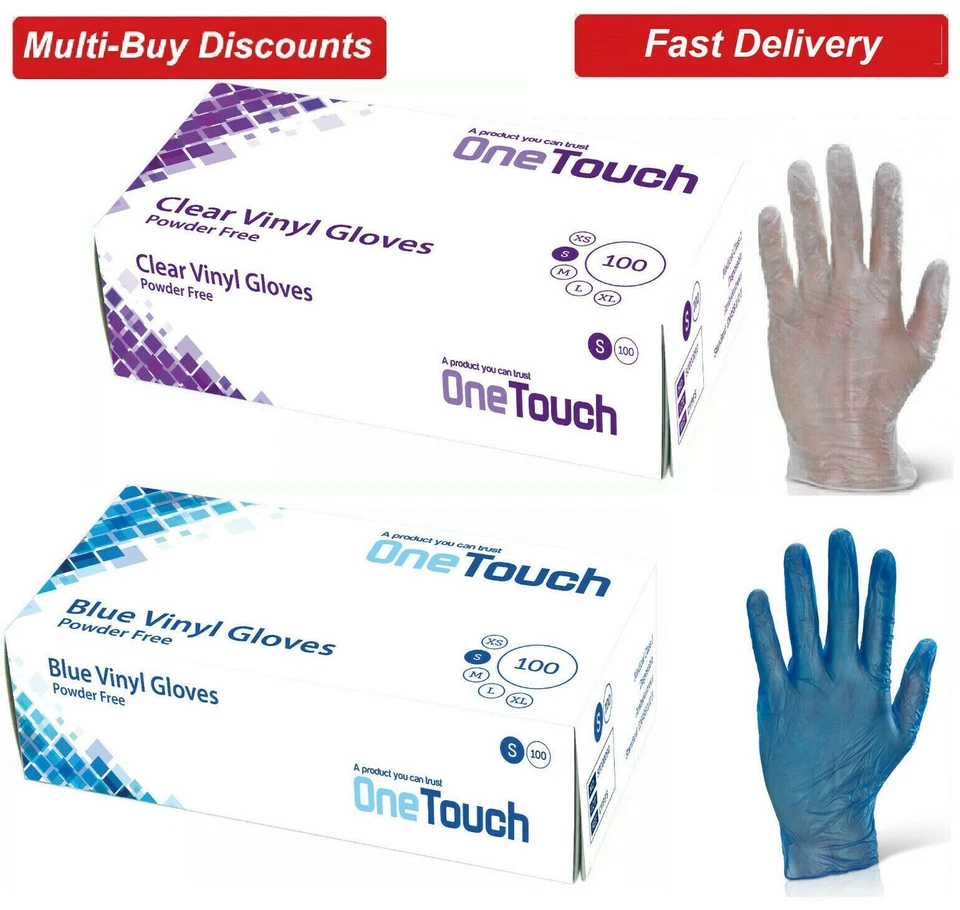 ONE TOUCH 100 Disposable Powder Free Latex Free Clear& Blue Vinyl Gloves