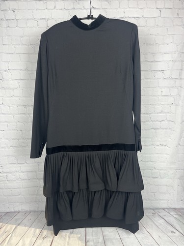 Nina Ricci, Nina Ricci Paris Wool Dress Black Drop Waisted Vintage 80s size F 42 US 10