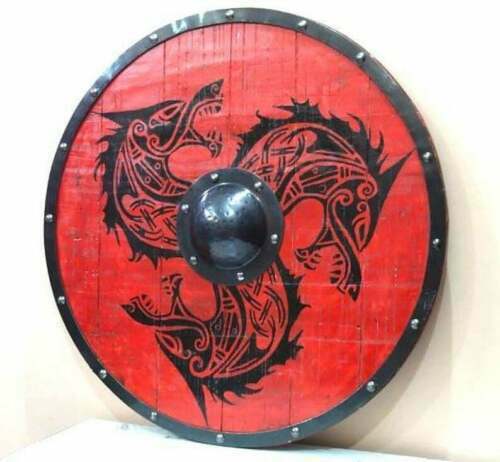 Viking Dragon en Bois Bouclier 24 inches Mural Décor Fait à la Main Rond - Photo 3 sur 6