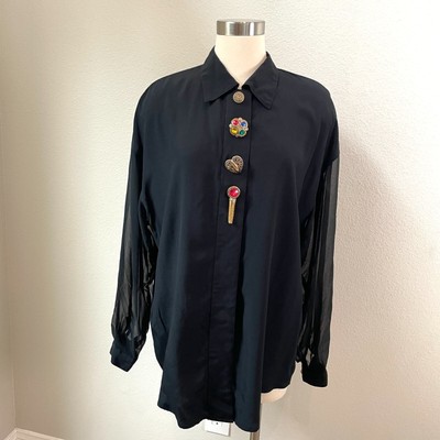 NEW Vintage Express Womens Large Black Button Up Blouse Sheer Sleeves Shirt Top