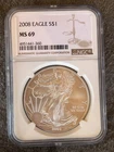 2008 American Silver Eagle $1 Dollar Coin One Troy Ounce 0.999 Fine NGC MS69