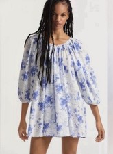 LoveShackFancy Este Tunic Strong Current White Blue Dress Cover up Sz Small