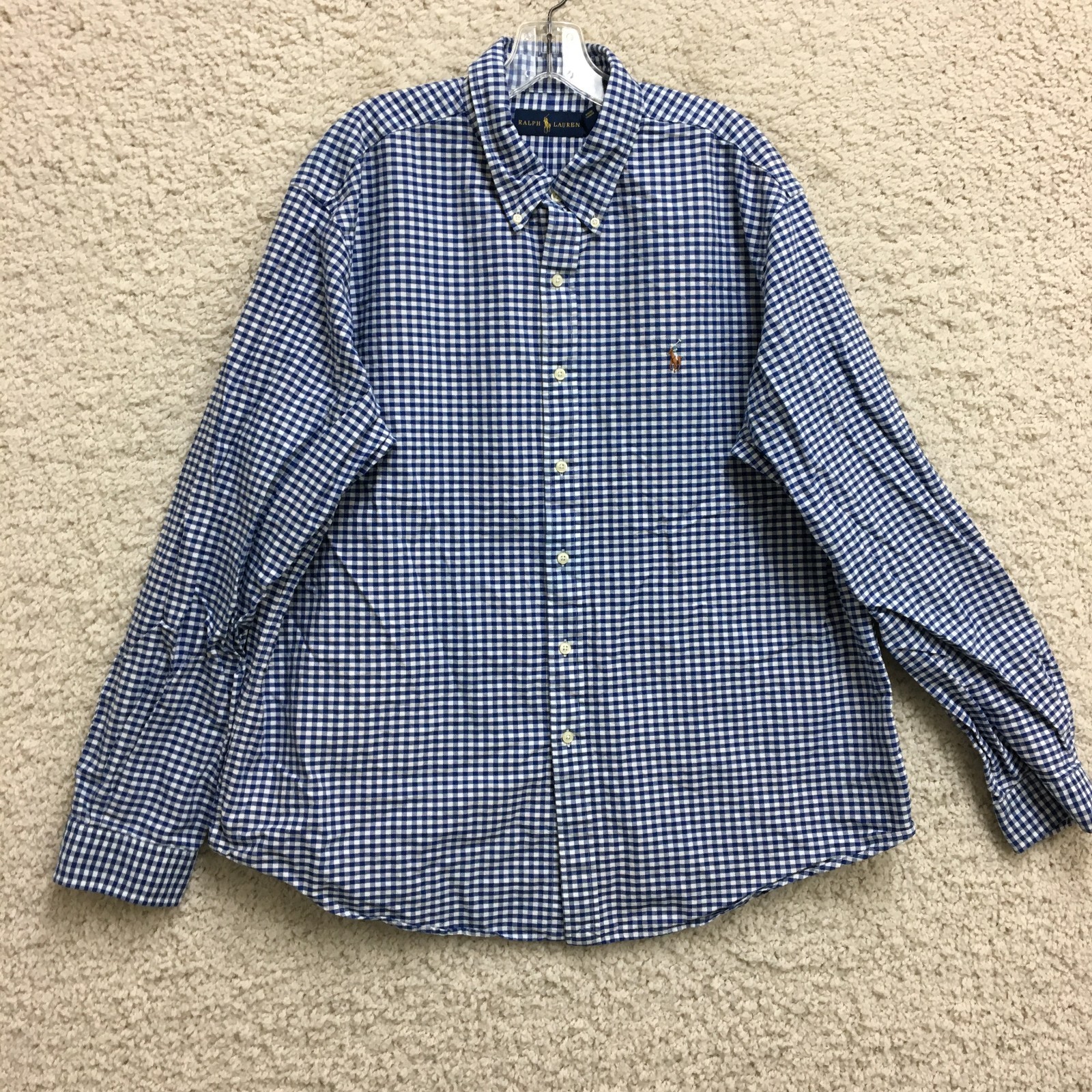 Ralph Lauren Button Down Shirt 2XL Adult Blue Plaid Long Sleeve Flesh Pony Mens