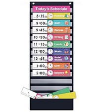 Daily Schedule Pocket Chart, 13 1 Pockets, 18 Dry Erase Cards, 2 Hooks Black