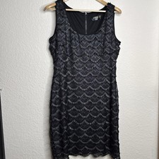GUESS Fringe Scallop Bodycon Dress Size 14 Black Silver Cocktail LBD