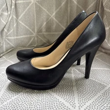 NINE WEST Pumps Sz 7.5M Black Leather Classic 4” Heels Stiletto Platform ROCHA