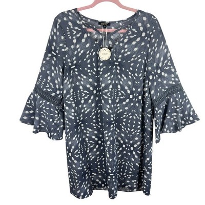 Oddy NWT Boutique Gray White 3/4 Bell Sleeve V-Neck Crochet Shift Dress Size L