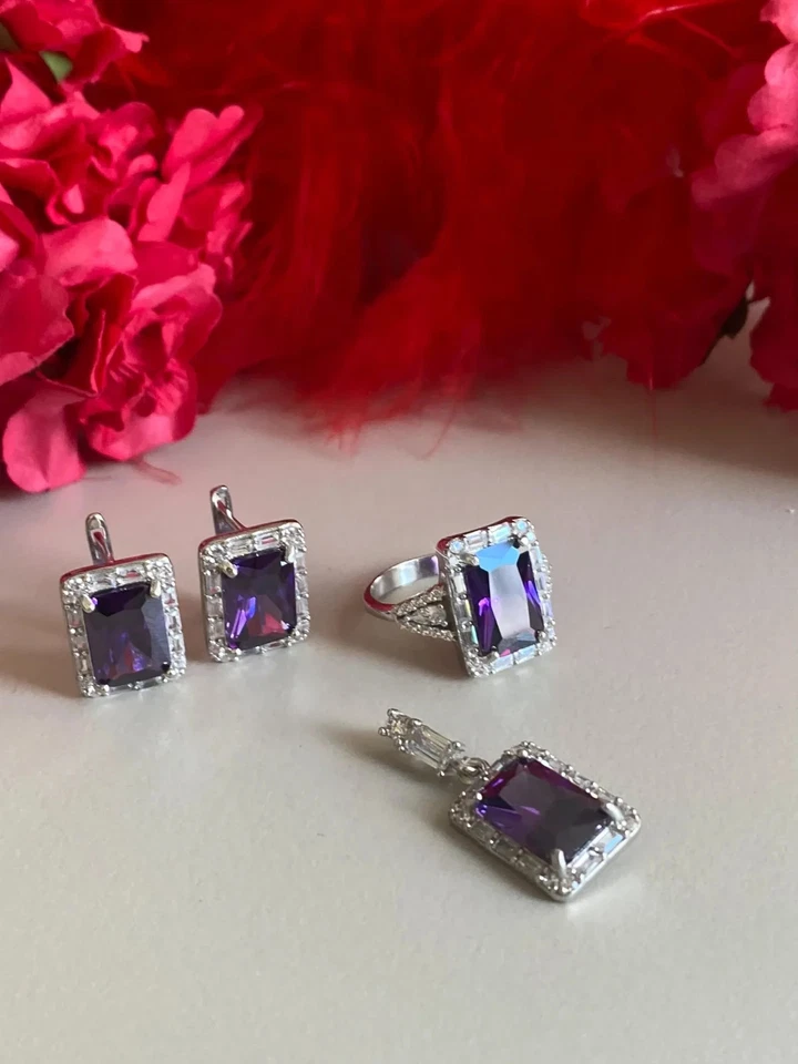 Emerald Lab Created Amethyst Pendant & Ring Earrings Set 14k White Gold Plated - Image 2 of 4