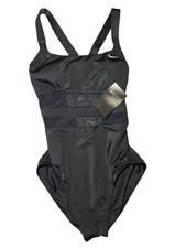 NWT NIKE Mesh Solid Edge V-Back One Piece Bathing Suit Black Womens Size Small