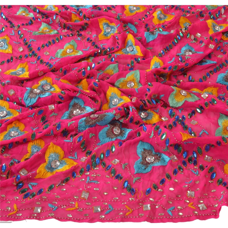 Velo de cuentas a mano de seda georgette pura estola larga Dupatta rosa vintage sánskriti   Foto 4 de 4