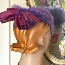 Vintage 1980s Wool Fascinator Church Hat Lilac Purple Accordion Bow Veil