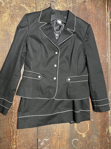 Vintage Liz Claiborne Suit With Skirt Black White Piping Polka Dot 14