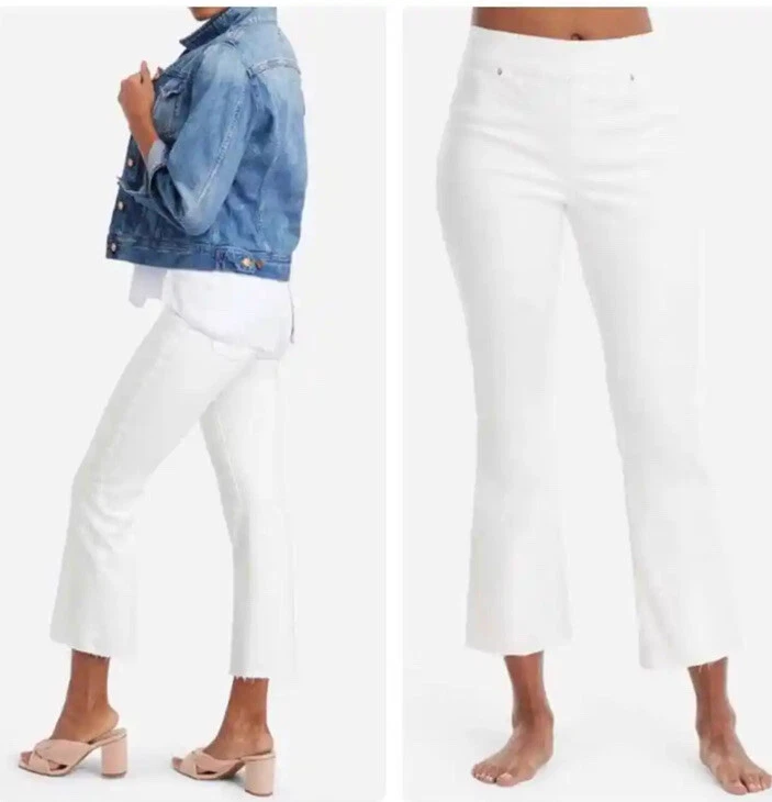 SPANX White Pull On STRETCH Cropped Flare Raw Hem Jeans Size XS