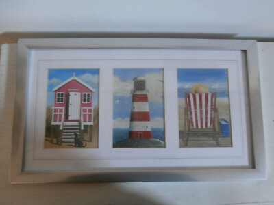 MARTIN WISCOMBE SEASIDE SCENE BEACH HUT, LIGHTHOUSE AND DECK CHAIR PRINTS FRAMED