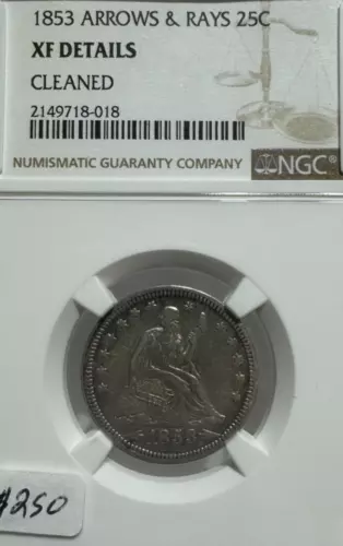 1853 SEATED LIBERTY QUARTER WITH ARROWS AND RAYS NGC XF EXTRA FINE
