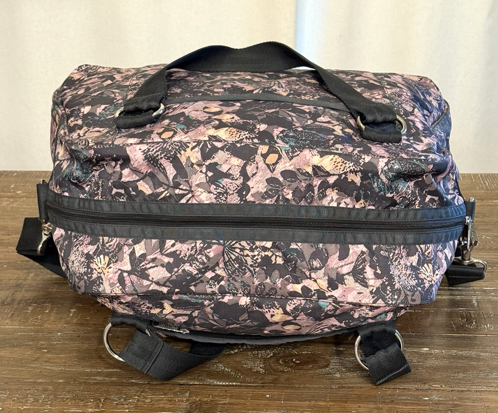 LeSportsac Duffle Bag Pink Black Floral Large Weekender Overnight Travel Tote
