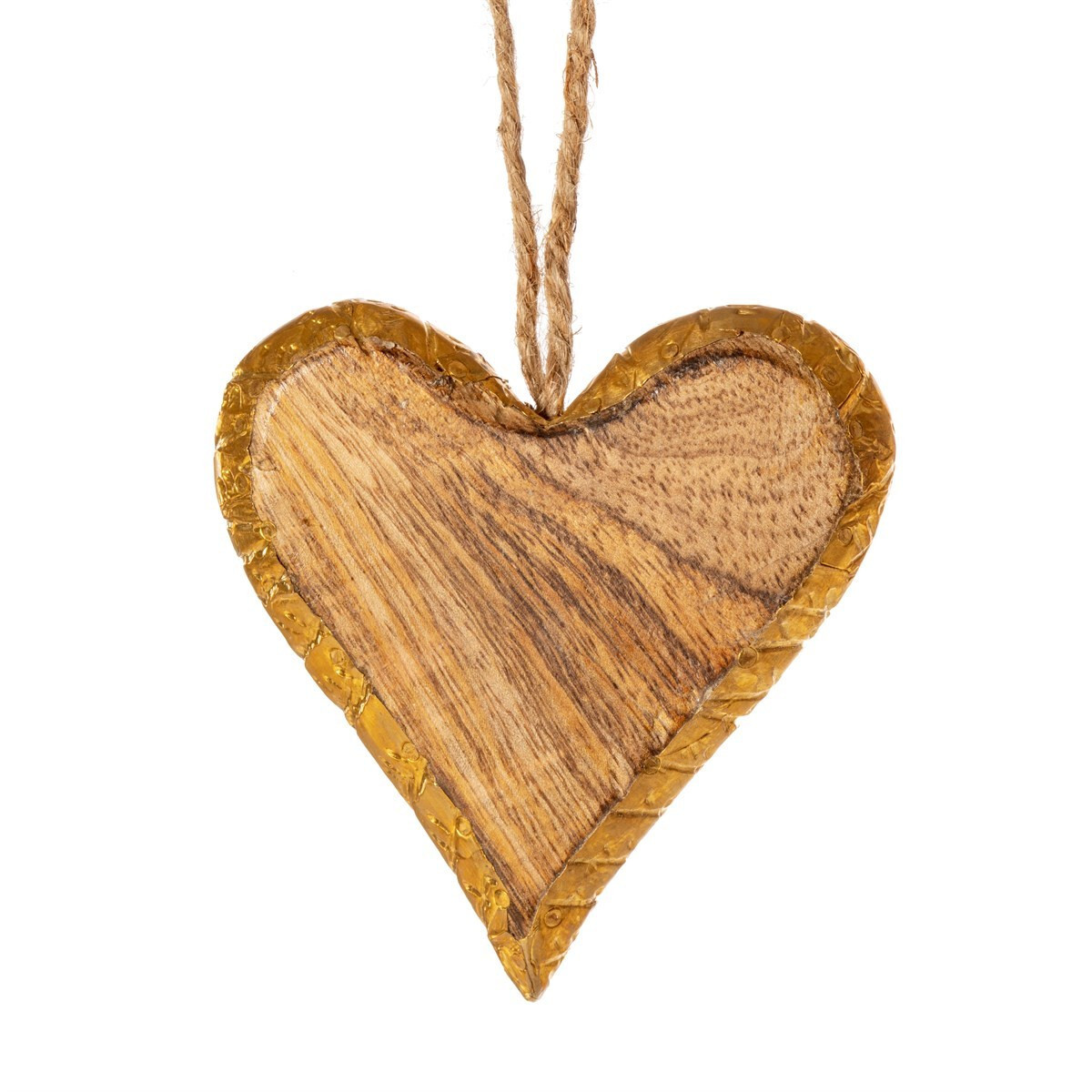Sass and Belle Heart Natural Wood Large Brown Gold Rim Hanging Tree Decoration