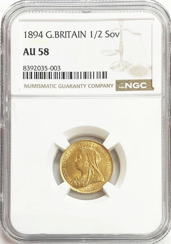 1894 GOLD GREAT BRITAIN 1/2 SOVEREIGN MATURE BUST VICTORIA COIN NGC AU 58