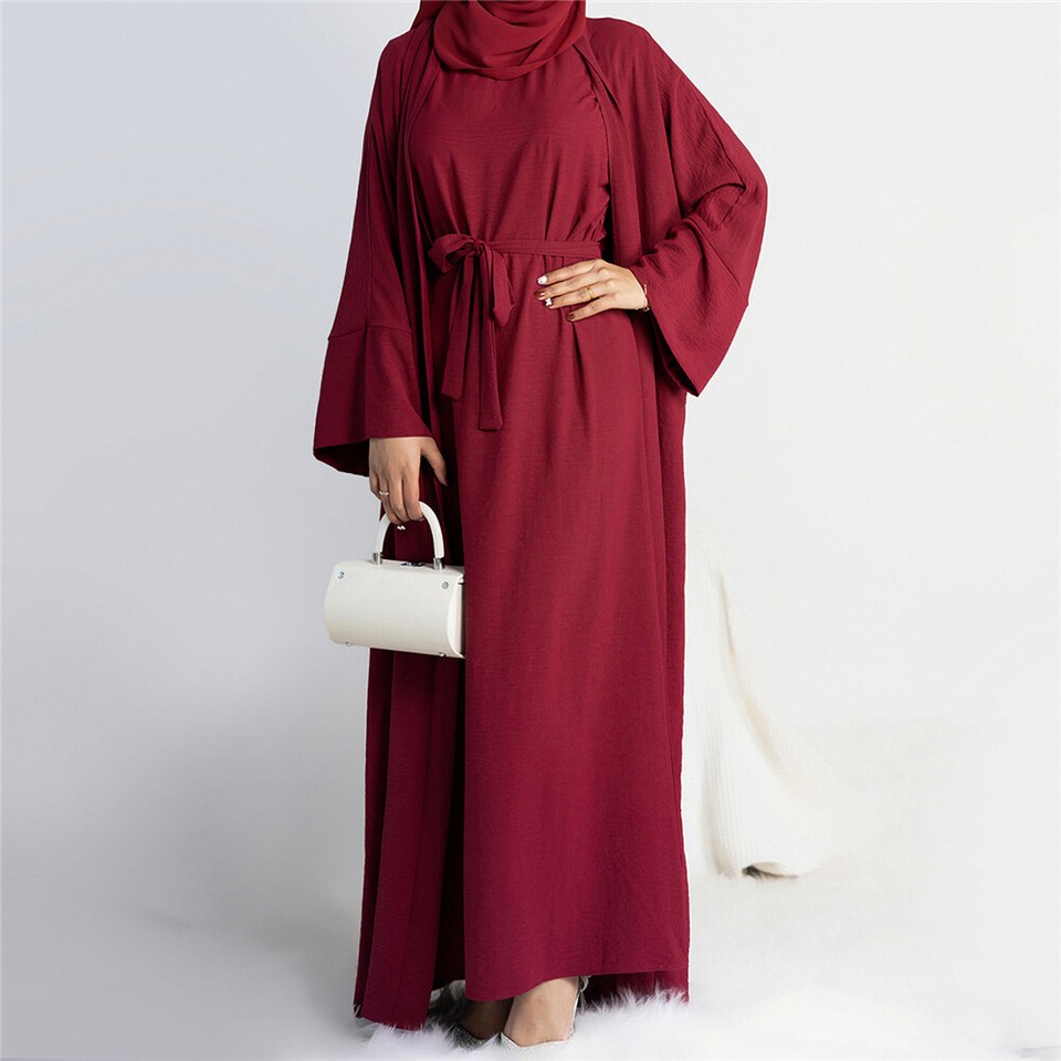 2 Piece Women Muslim Open Abaya Inner Dress Set Dubai Kimono Kaftan ...
