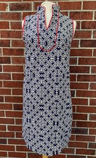 Eliza J Sleeveless Shift Dress Zip V-Neck Navy Blue White Red Pattern Size 12