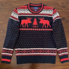 Ralph Lauren M 8-10 Kids Christmas Sweater Boys Girls Reindeer Moose Red Nordic