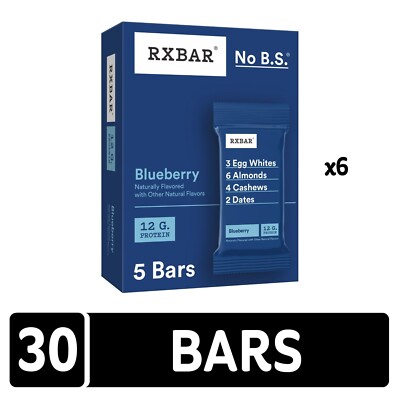 RXBAR Protein Bars, 12g Protein, Gluten Free Snacks, Blueberry 6 Boxes,30 Bars