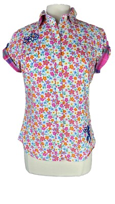 Disney Parks (Size M) Authentic Floral Roll Tab Sleeve Embroidered Button Shirt