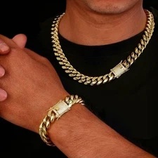14k Gold Plated Stainless Steel Miami Cuban Link Bracelet Or Chain with CZ Clasp