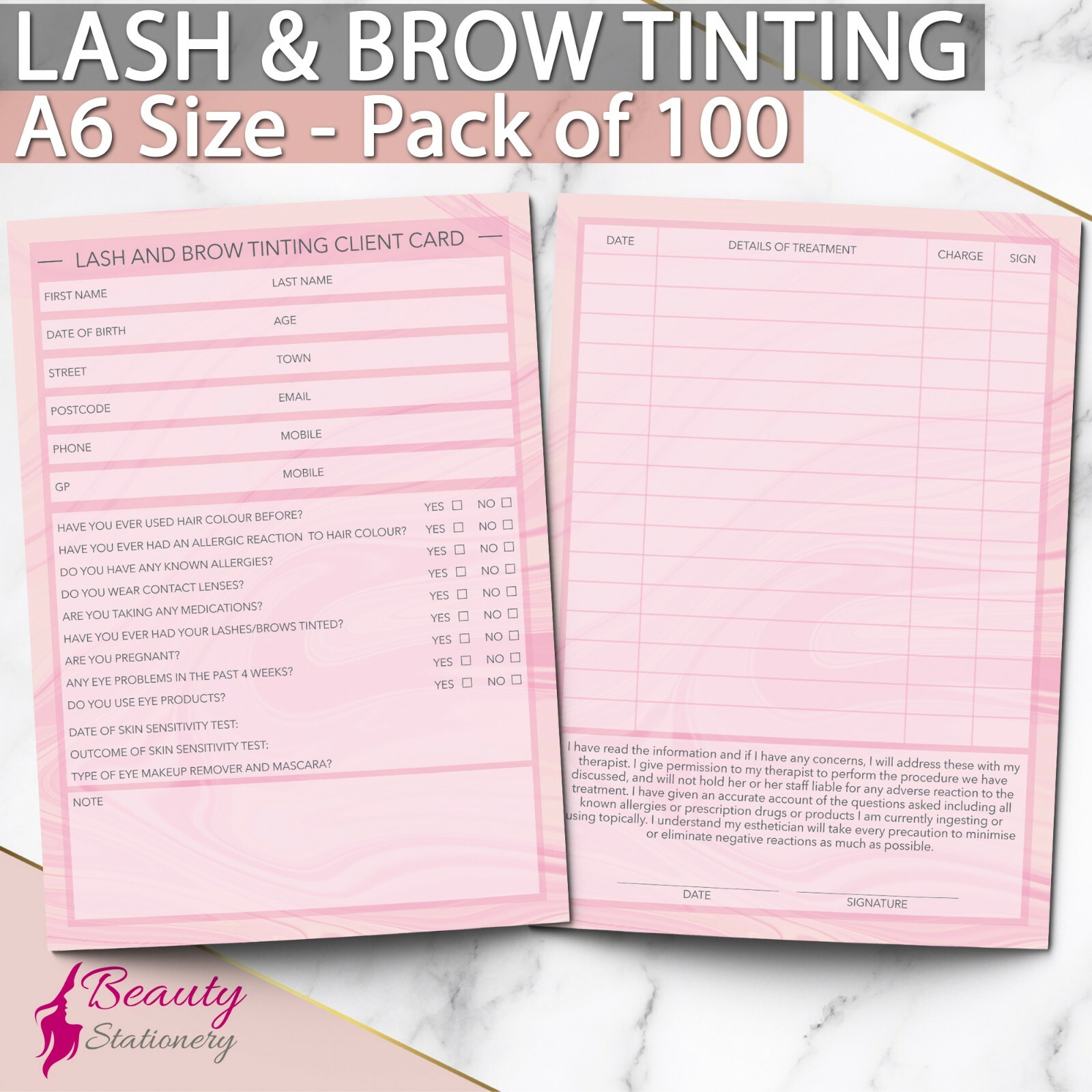 Lash & Brow Tinting Client Record Card Consultation Form PREMIUM Salon x100