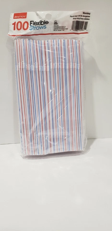 Lot of 10 100 pks DrinkMate Flexible Straws - white, red and blue stripes 1000! - Image 2 of 2