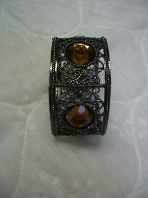 APT 9 Jet Filigree Metal 7'' Stretch Bracelet/Brown Faceted Crystal Beads Accents