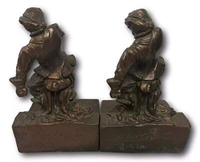 Antique Rare KBW LG Bronze Clad Muskateer Sword Figurine Bookends Set x 2
